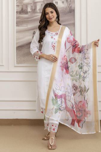 Embroidered work chanderi readymade salwar suit in white for women