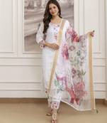 Embroidered work chanderi readymade salwar suit in white for women