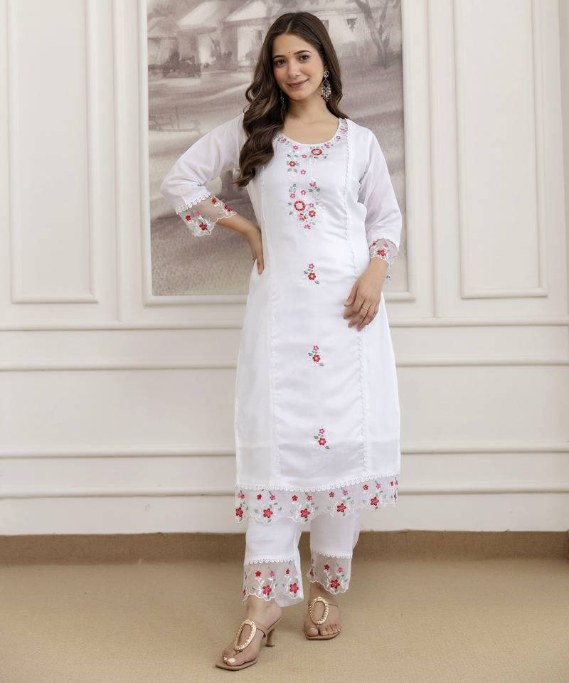 Embroidered work chanderi readymade salwar suit in white for women