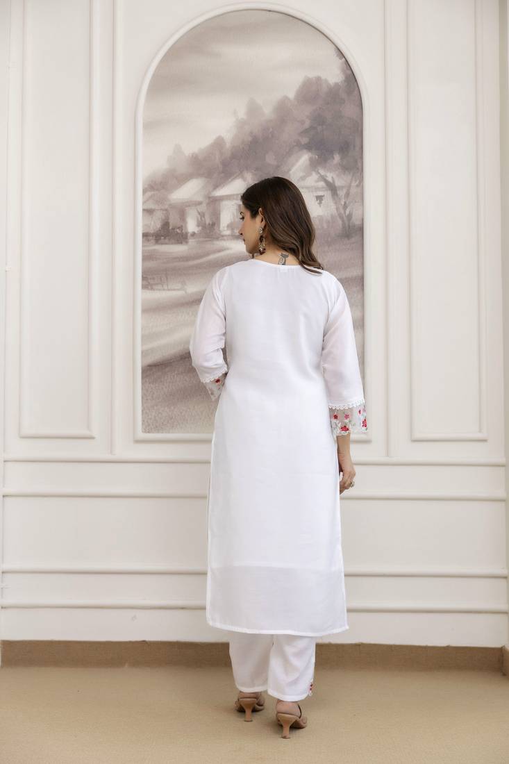 Embroidered work chanderi readymade salwar suit in white for women