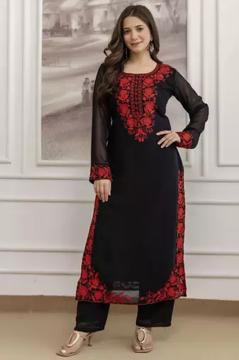 Black embroidered faux georgette thread work kurta with trousers & dupatta