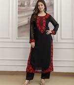 Black embroidered faux georgette thread work kurta with trousers & dupatta