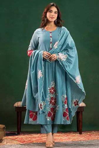 Chanderi silk sky blue embrodiered anarkali salwar kameez