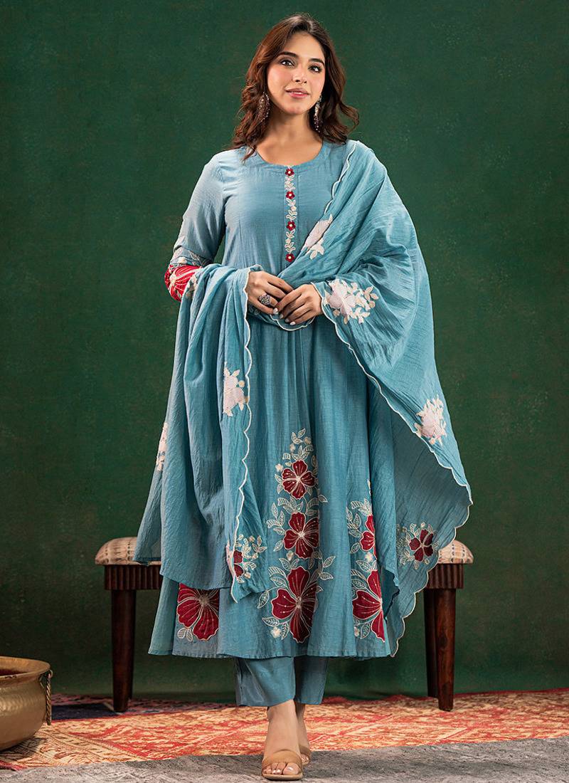 Chanderi silk sky blue embrodiered anarkali salwar kameez