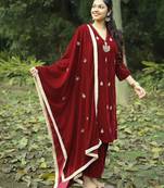 Red velvet hand embroidered kurta set with velvet dupatta