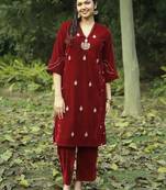 Red velvet hand embroidered kurta set
