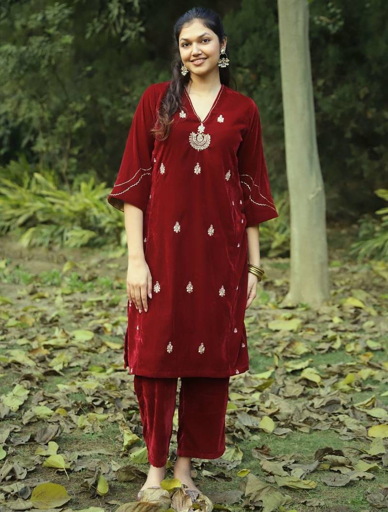Red velvet hand embroidered kurta set