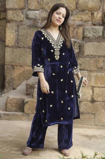 Navy blue velvet embroidered kurta set