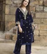 Navy blue velvet embroidered kurta set