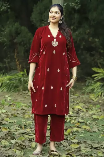 Red velvet hand embroidered kurta set