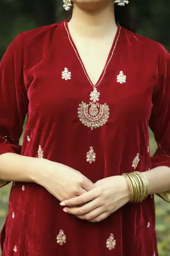 Red velvet hand embroidered kurta set
