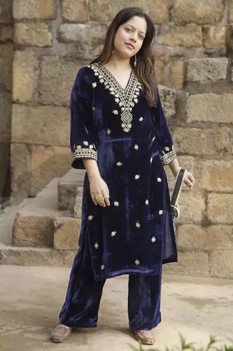 Navy blue velvet embroidered kurta set with dupatta