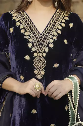 Navy blue velvet embroidered kurta set with dupatta