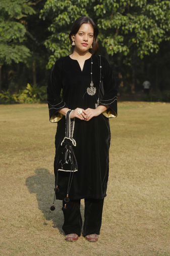 Black velvet embroidered kurta set with velvet dupatta