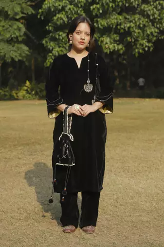 Black velvet embroidered kurta set with velvet dupatta