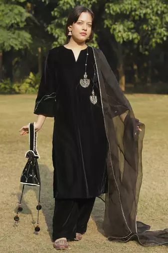 Black velvet chandbali hand embroidered kurta set