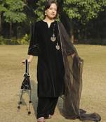 Black velvet chandbali hand embroidered kurta set