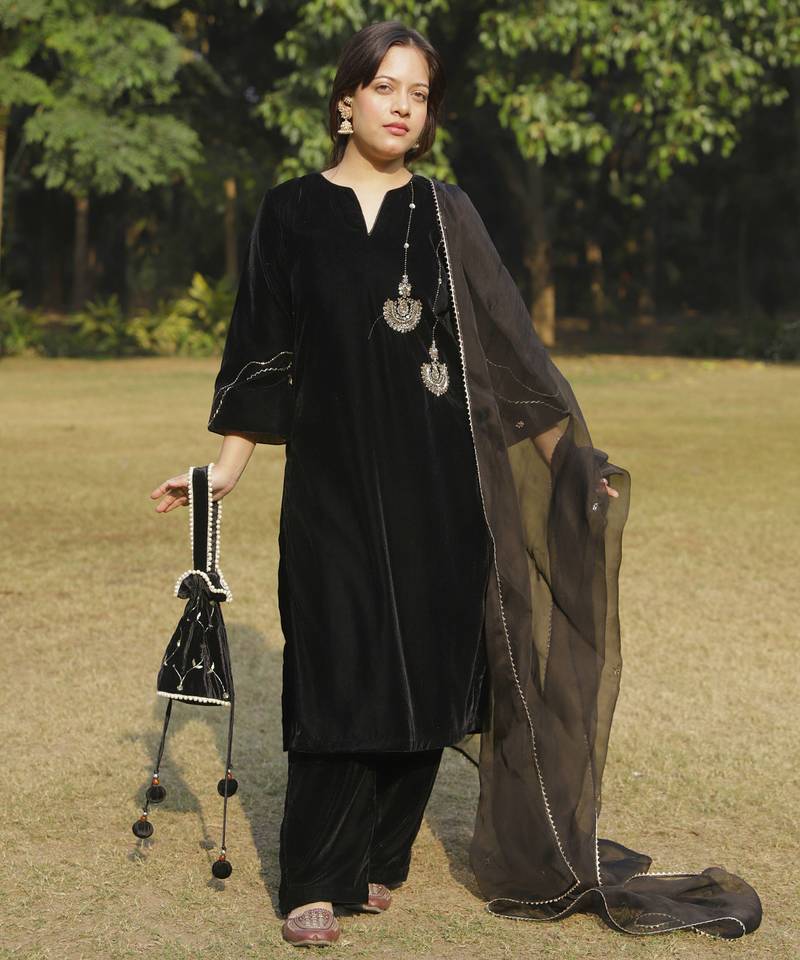 Black velvet chandbali hand embroidered kurta set