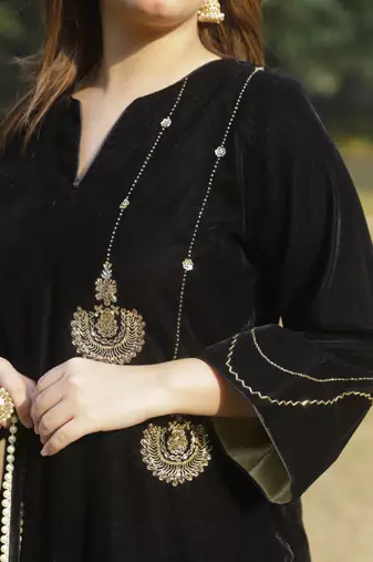 Black velvet embroidered kurta set with velvet dupatta
