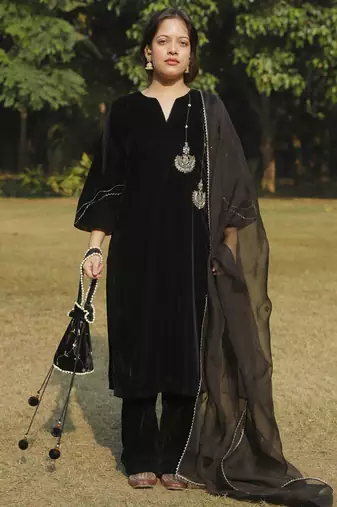 Black velvet chandbali hand embroidered kurta set with dupatta
