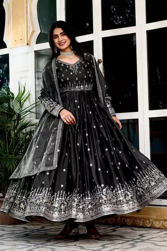 Black Thread & Sequins Work Gown Set