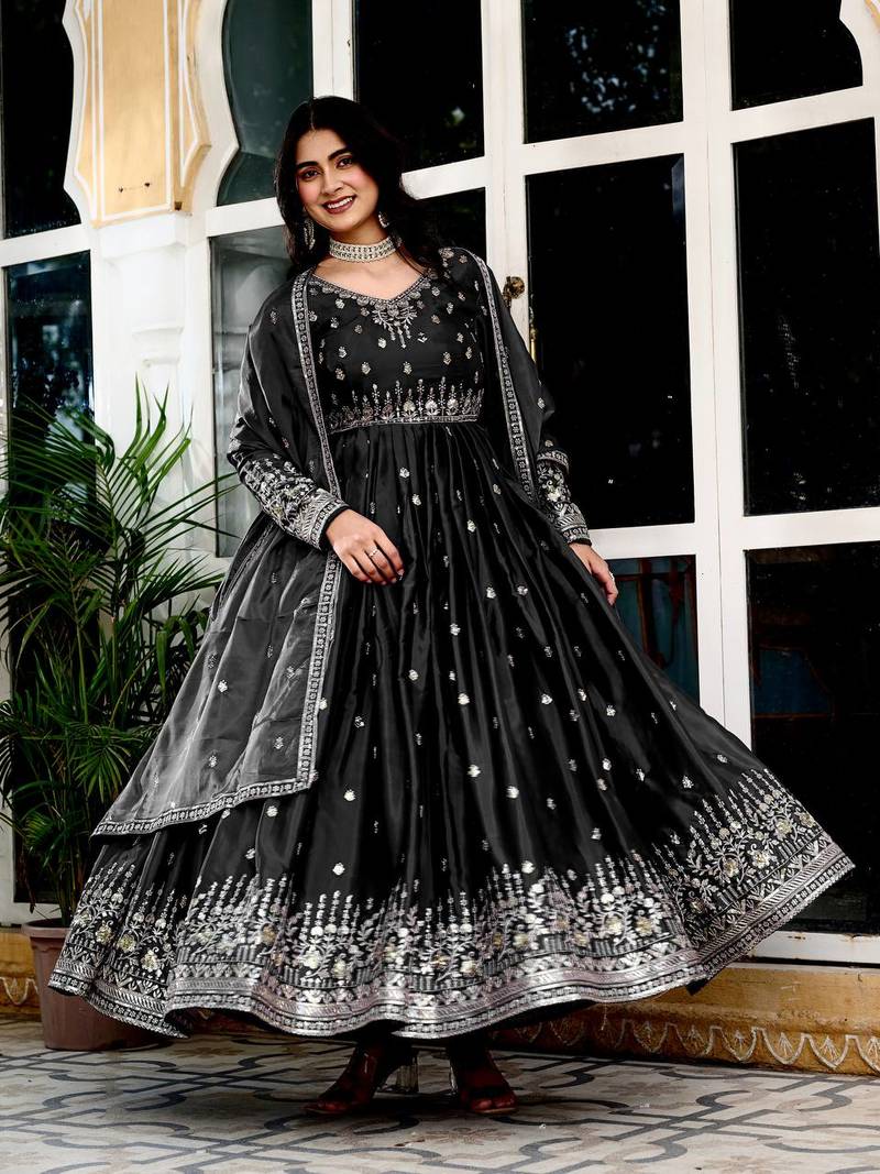 Black Thread & Sequins Work Gown Set