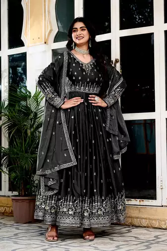 Black Thread & Sequins Work Gown Set
