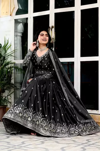 Black Thread & Sequins Work Gown Set