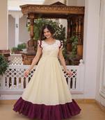 Off-white cotton sequins bead embroidered flared frill gown