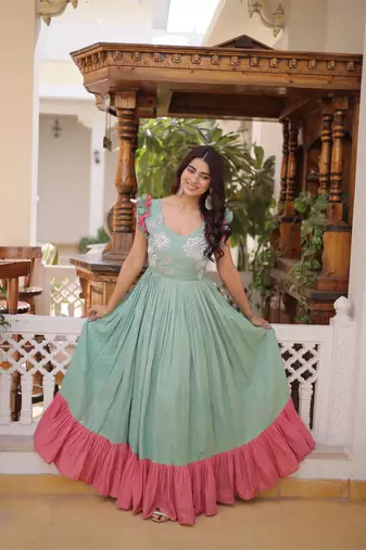 Pastel cotton sequins bead embroidered flared frill gown