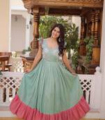 Pastel cotton sequins bead embroidered flared frill gown