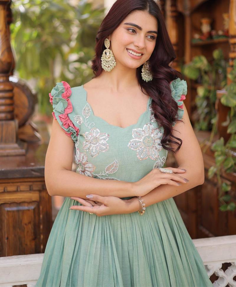 Pastel cotton sequins bead embroidered flared frill gown