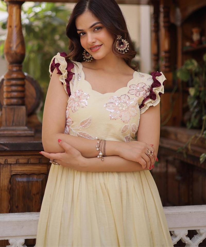 Off-white cotton sequins bead embroidered flared frill gown