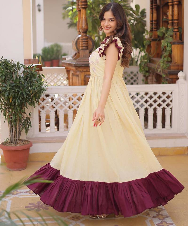 Off-white cotton sequins bead embroidered flared frill gown