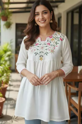 Off white vichitra silk embroidery tunic