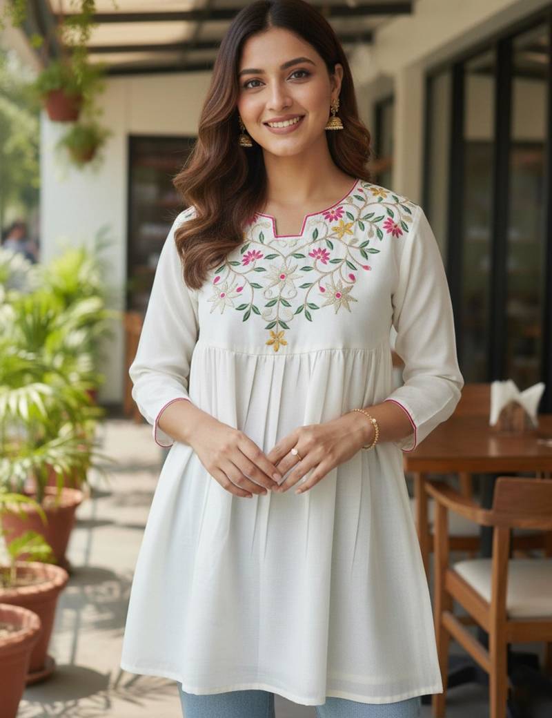 Off white vichitra silk embroidery tunic