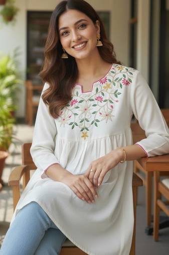 Off white vichitra silk embroidery tunic