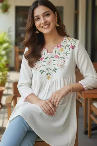 Off white vichitra silk embroidery tunic