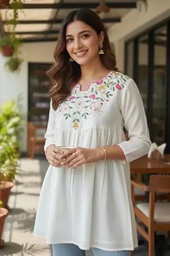 Off white vichitra silk embroidery tunic