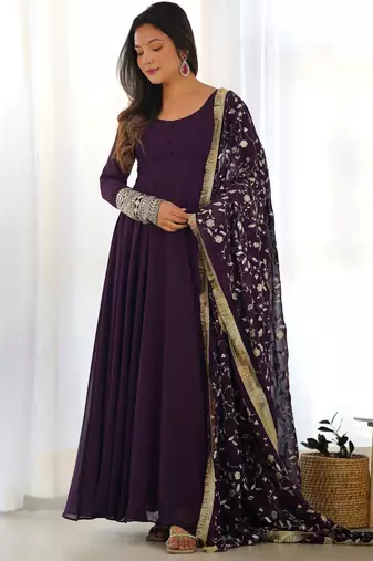 Wine georgette gown duppta full set with pent ready to wear