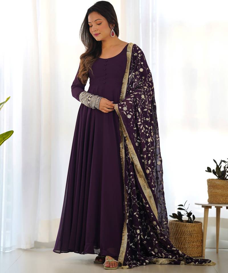 Wine georgette gown duppta full set with pent ready to wear