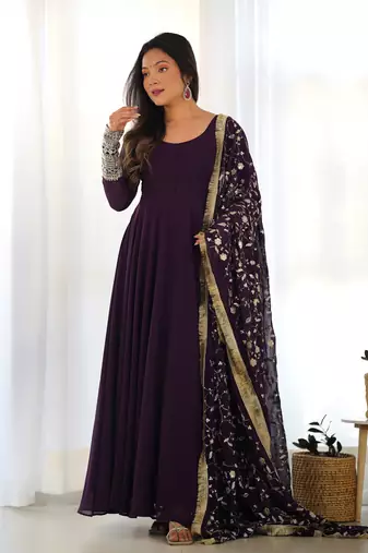Wine georgette gown duppta full set with pent ready to wear