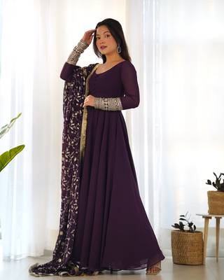 Wine georgette gown duppta full set with pent ready to wear 4