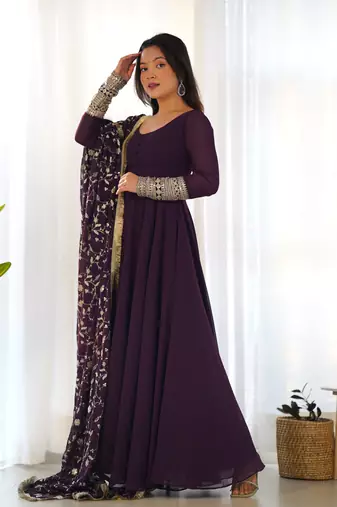 Wine georgette gown duppta full set with pent ready to wear
