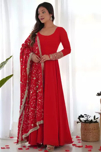 Red georgette gown duppta full set with pent ready to wear