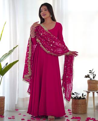 Pink georgette gown duppta full set with pent ready to wear 1
