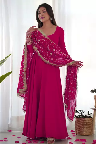 Pink georgette gown duppta full set with pent ready to wear