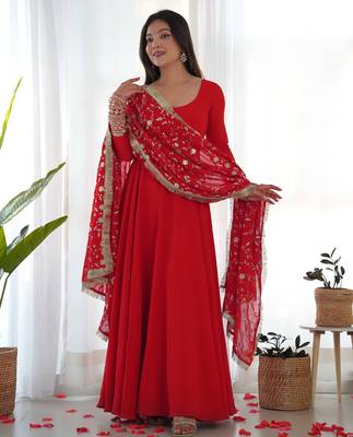 Red georgette gown duppta full set with pent ready to wear 3