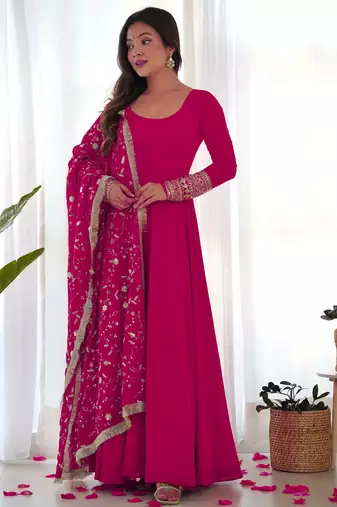 Pink georgette gown duppta full set with pent ready to wear