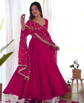Pink georgette gown duppta full set with pent ready to wear 3